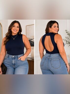 ASOS Design Curve Navy Open Back Mock Neck Bodysuit Plus Size 24